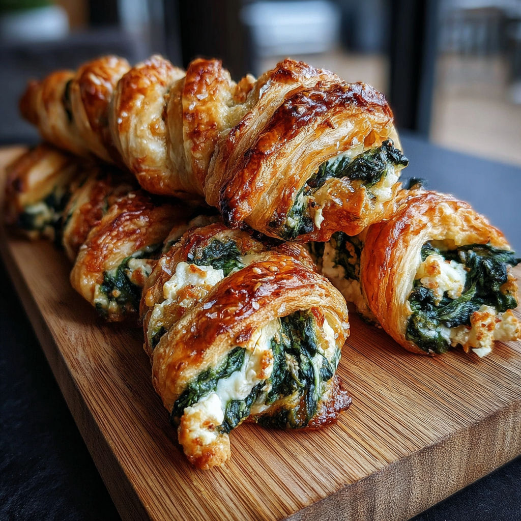 A wooden cutting board with a croissant on it.