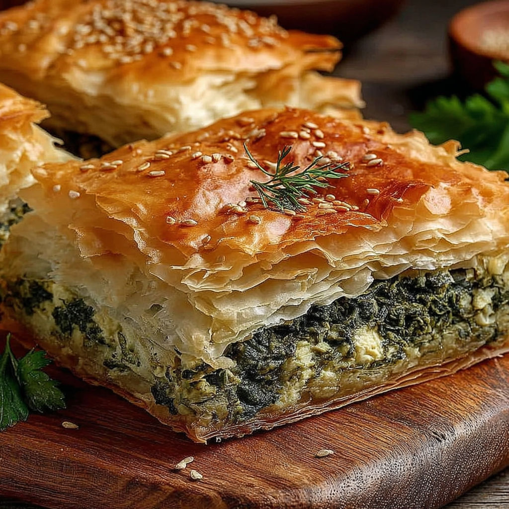 A pastry with spinach and cheese on a wooden board.