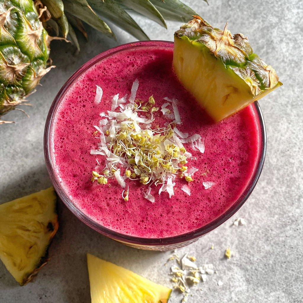 A glass of red smoothie with pineapple and coconut.