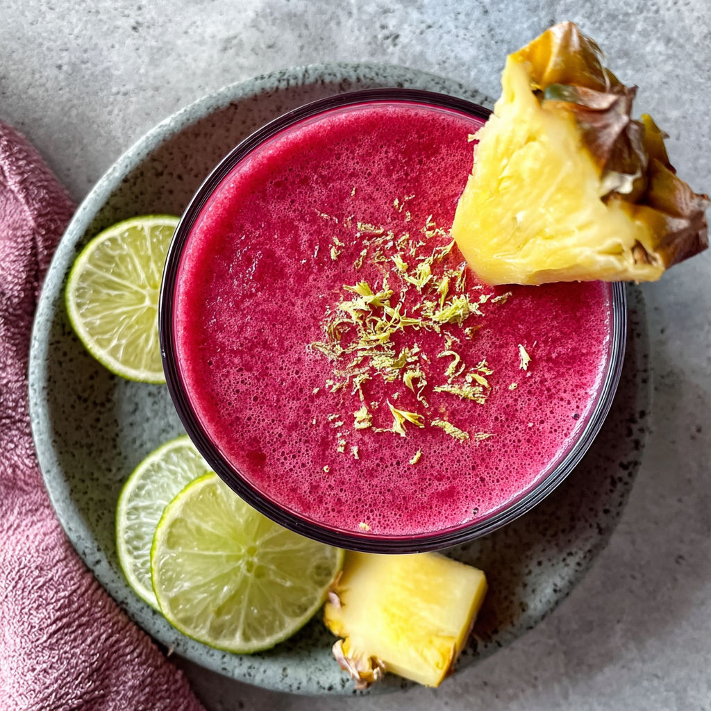 A glass of red smoothie with pineapple and lime.
