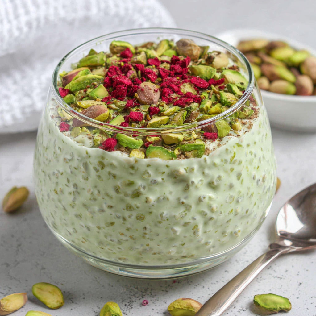 A glass bowl filled with a green and red dessert.