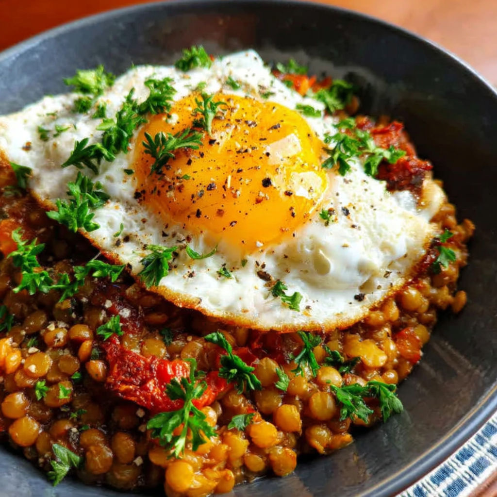 A bowl of food with a fried egg on top.