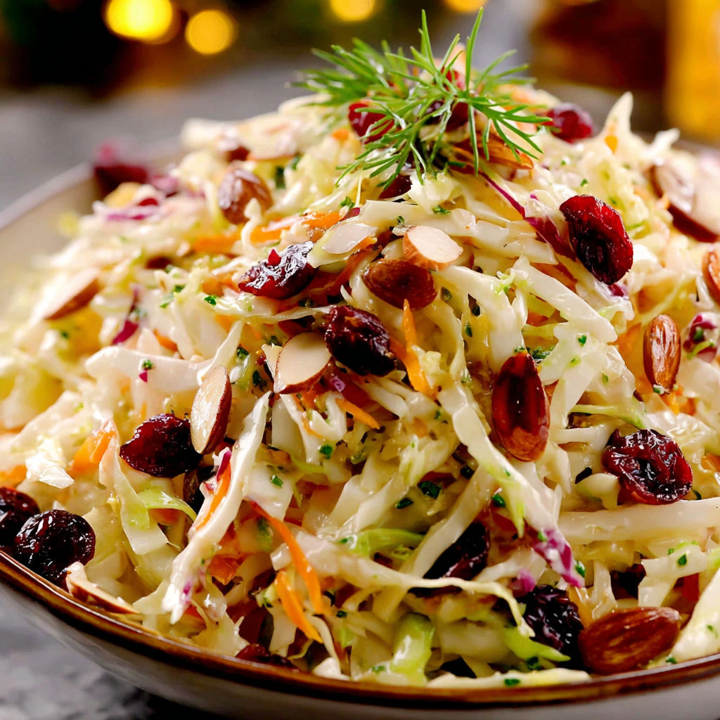 A bowl of coleslaw with a sprig of parsley on top.