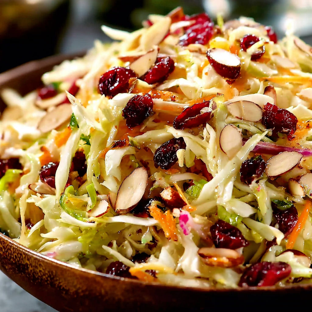 A bowl of coleslaw with nuts and raisins.