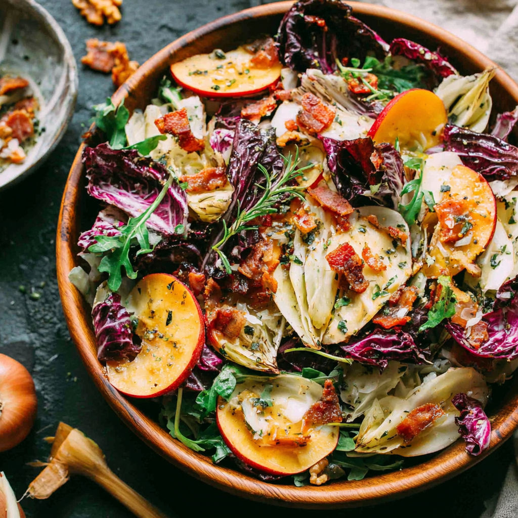 A bowl of salad with apples, lettuce, and bacon.