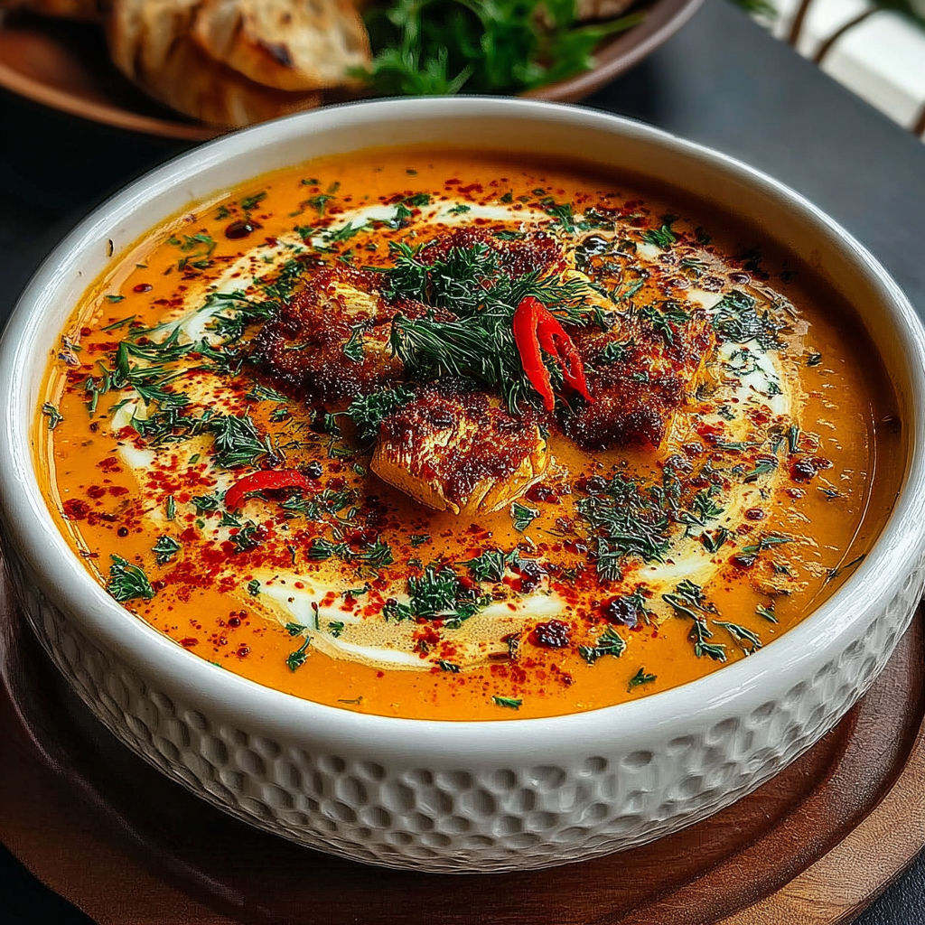 A bowl of soup with a spoon in it.