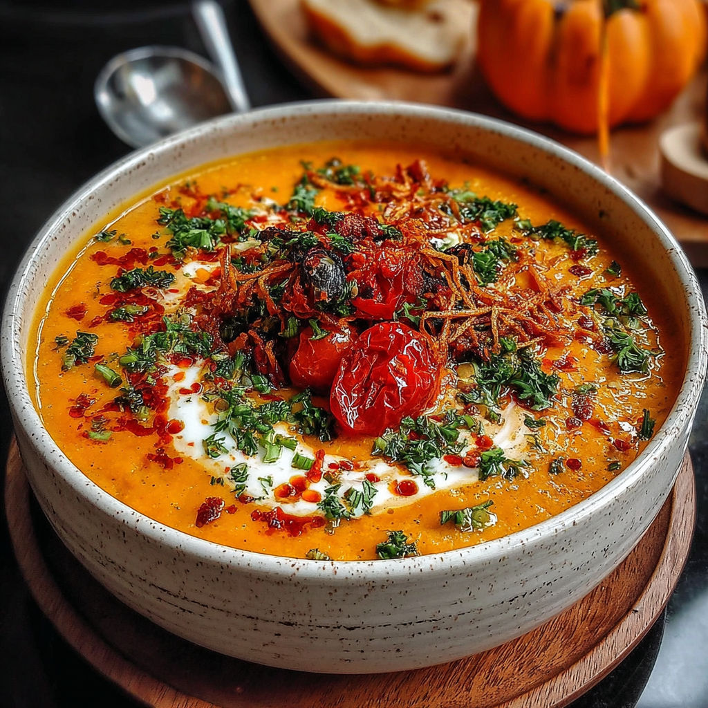 A bowl of soup with tomatoes and herbs.