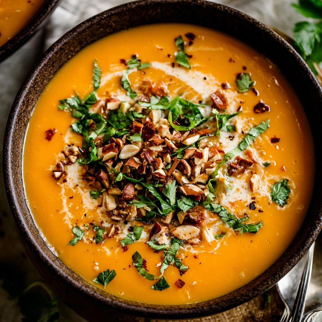 A bowl of soup with a spoon in it.