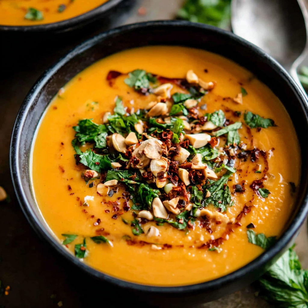 A bowl of soup with a spoon in it.