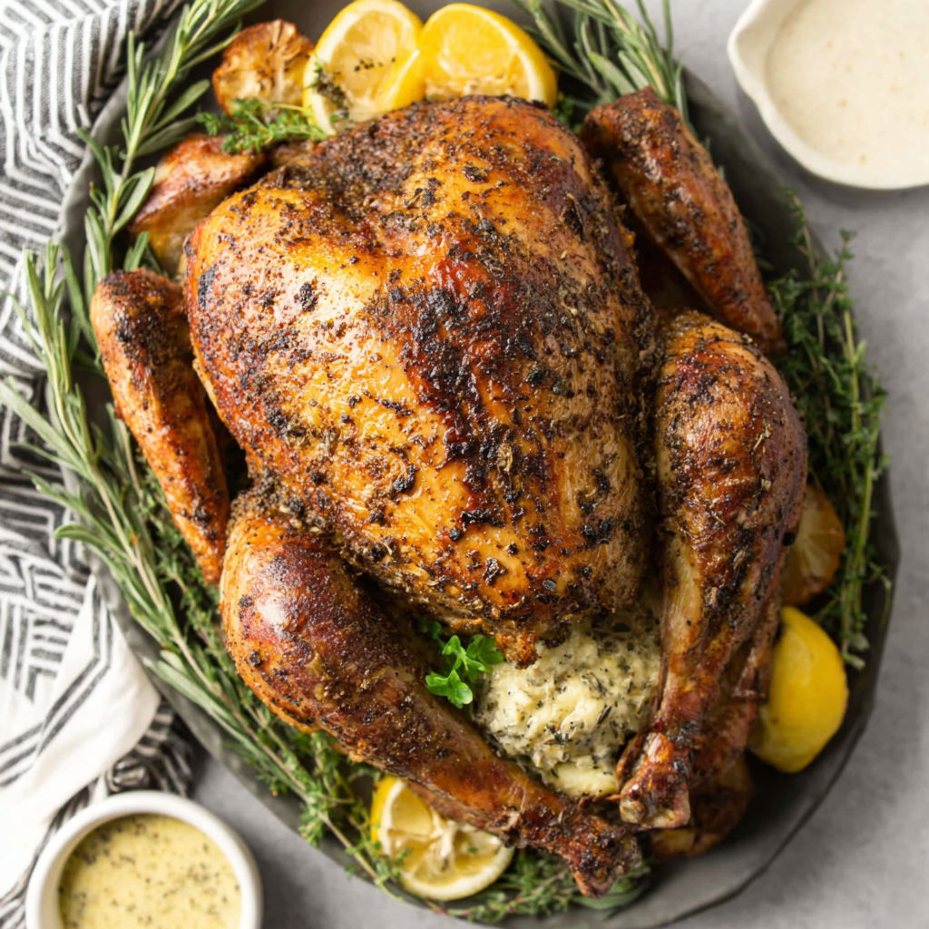 A roasted chicken with lemon wedges on top.