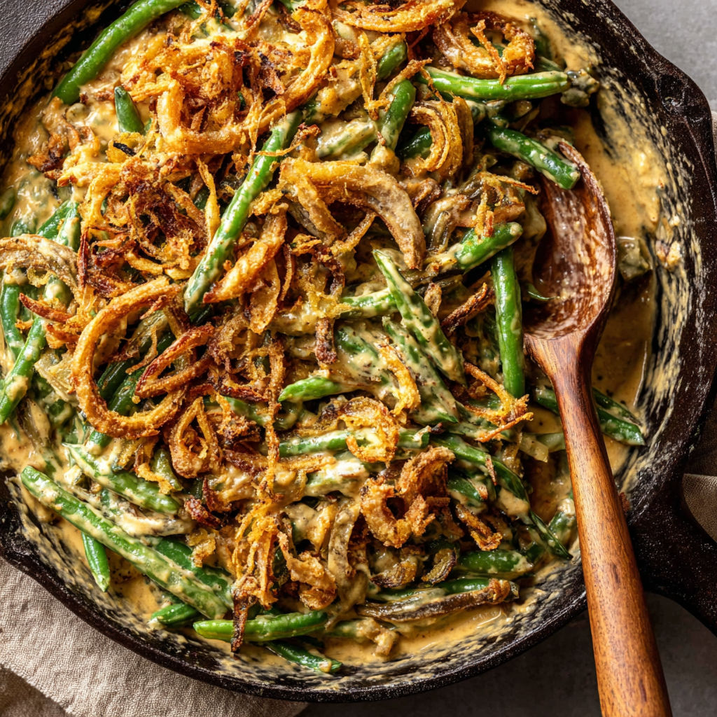 A pan of food with green beans and onions.
