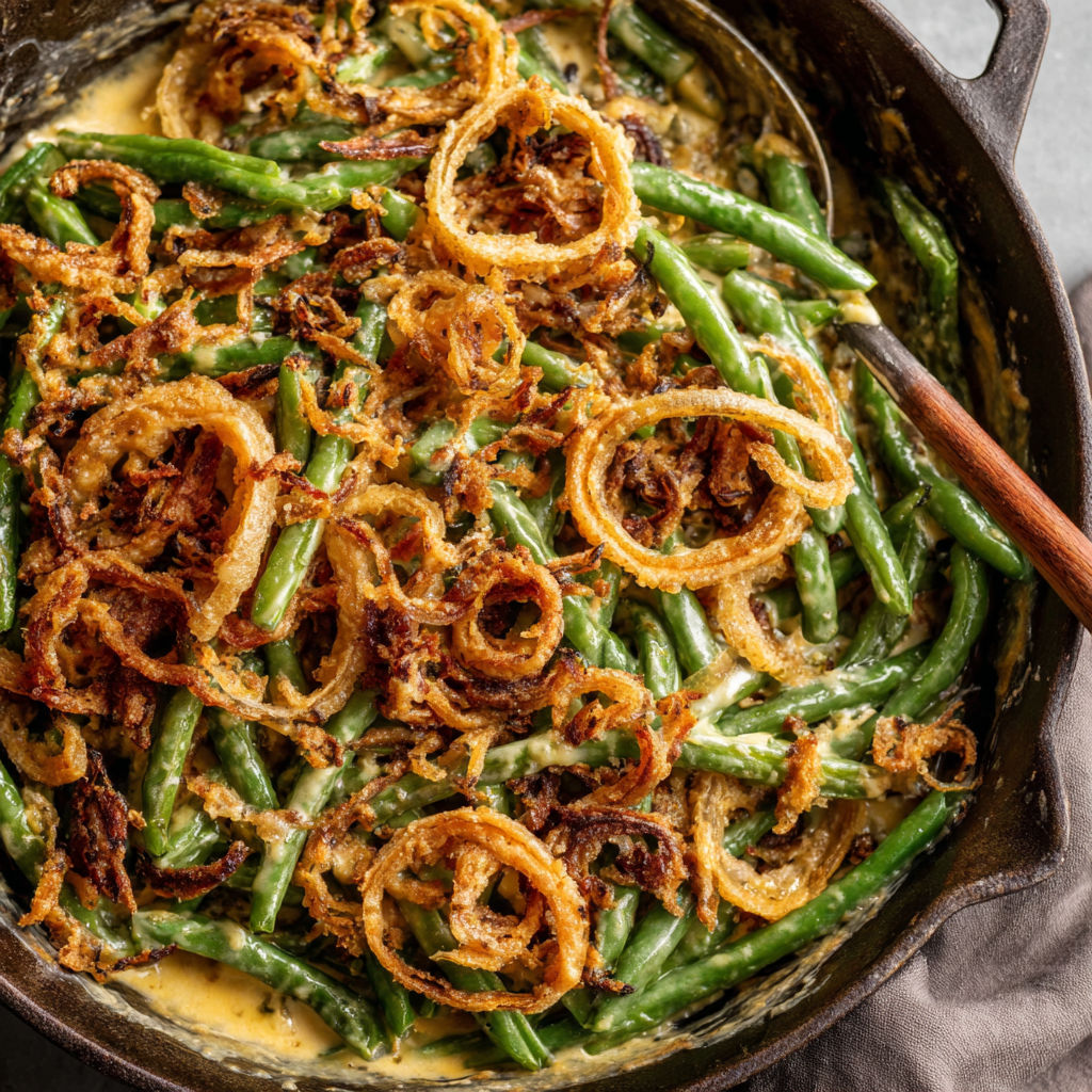 A pan of food with onions and green beans.