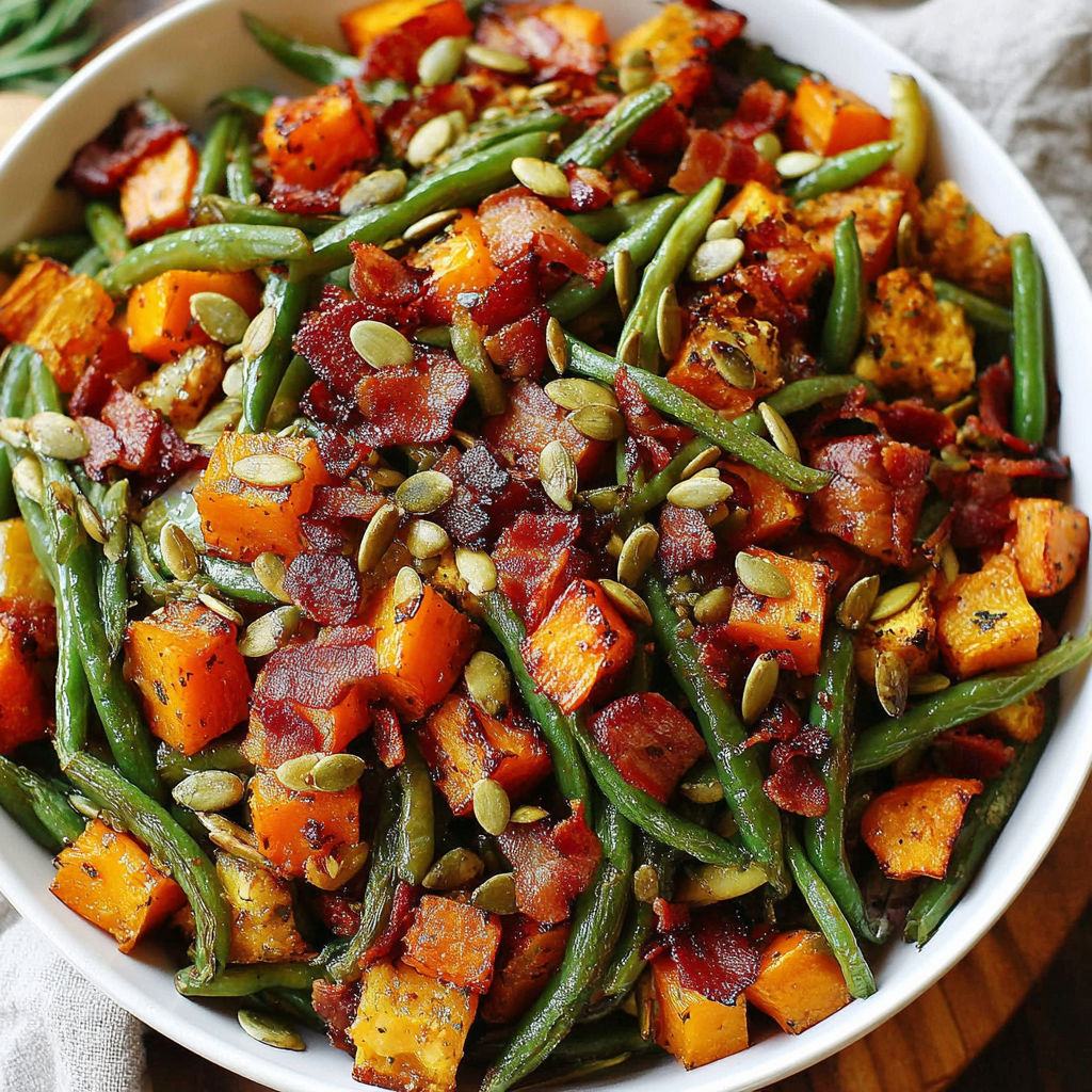 A bowl of food with green beans and bacon.