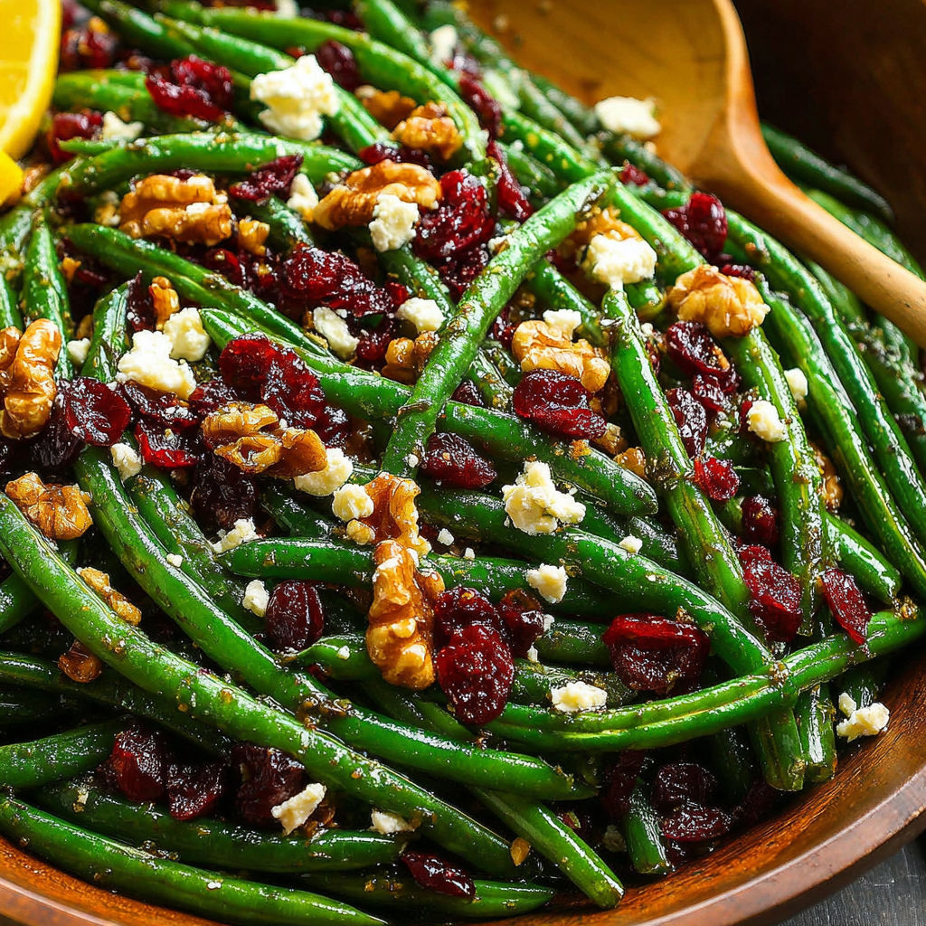 A bowl of green beans with feta cheese and red berries.