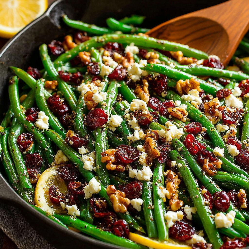 A pan of food with green beans, nuts, and cheese.