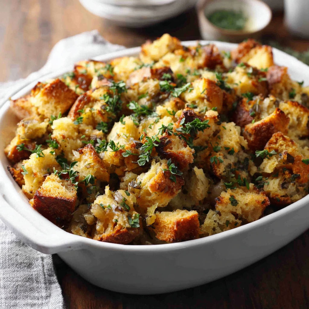 A white bowl filled with bread and herbs.