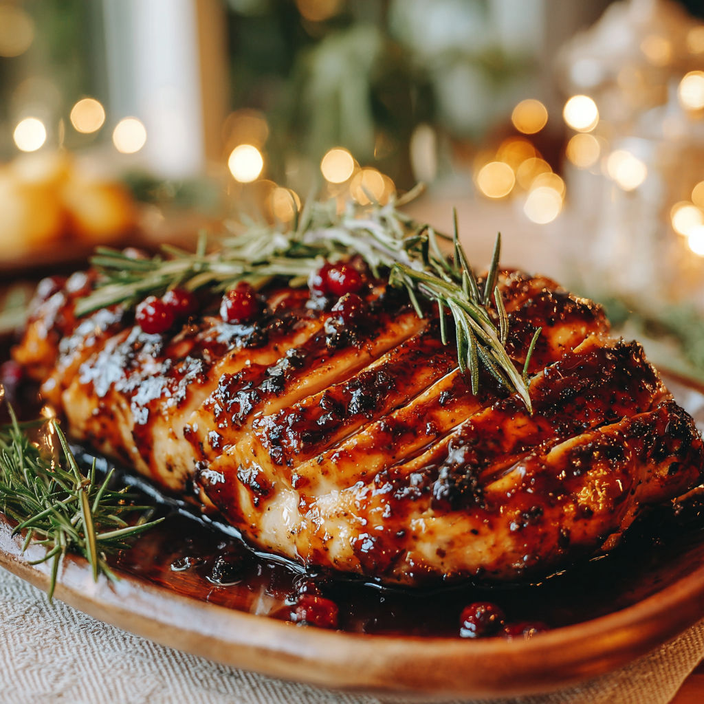A roasted chicken with herbs and sauce.