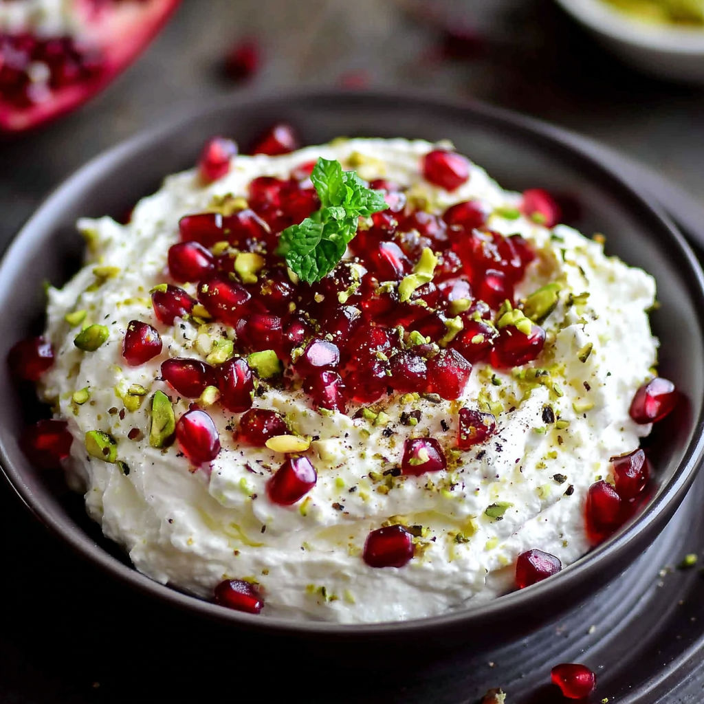A bowl of white cream with pomegranate seeds on top.