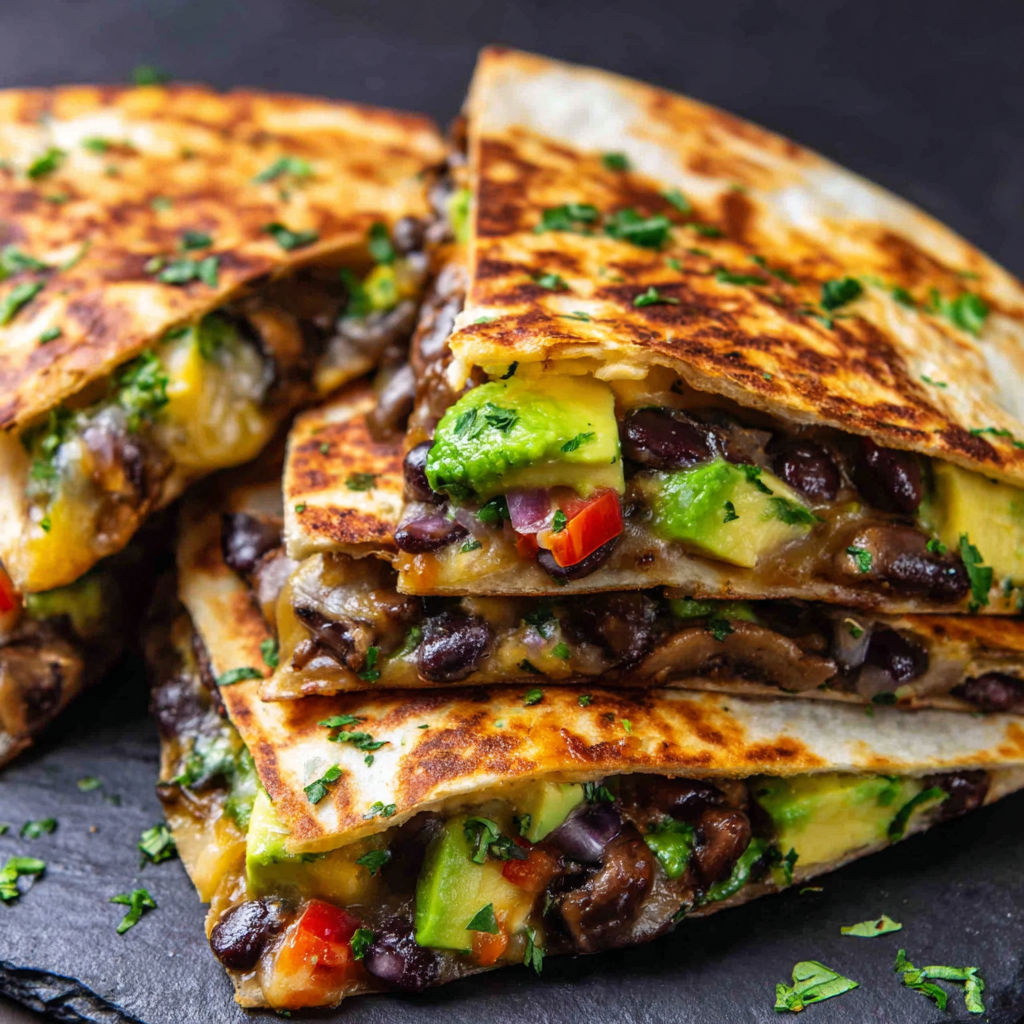 A stack of three quesadillas with black beans, mushrooms, and avocado.