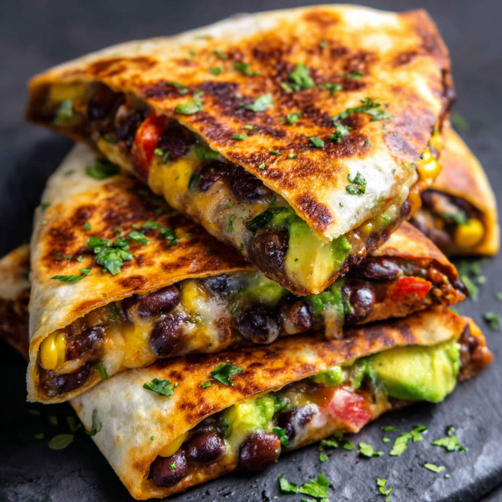 A stack of burritos with black beans and cheese.