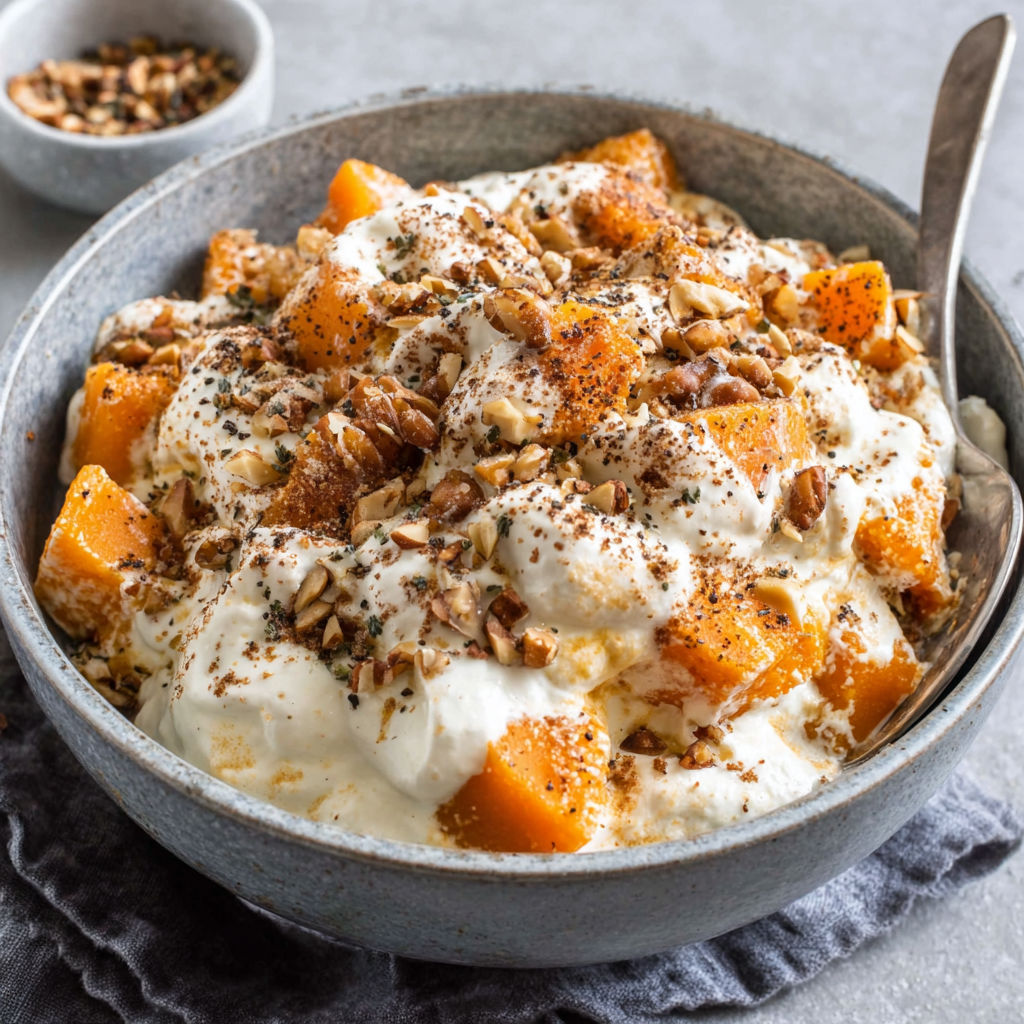 A bowl of food with a spoon in it.