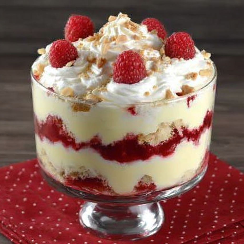 A dessert in a glass dish with white cream and raspberries.