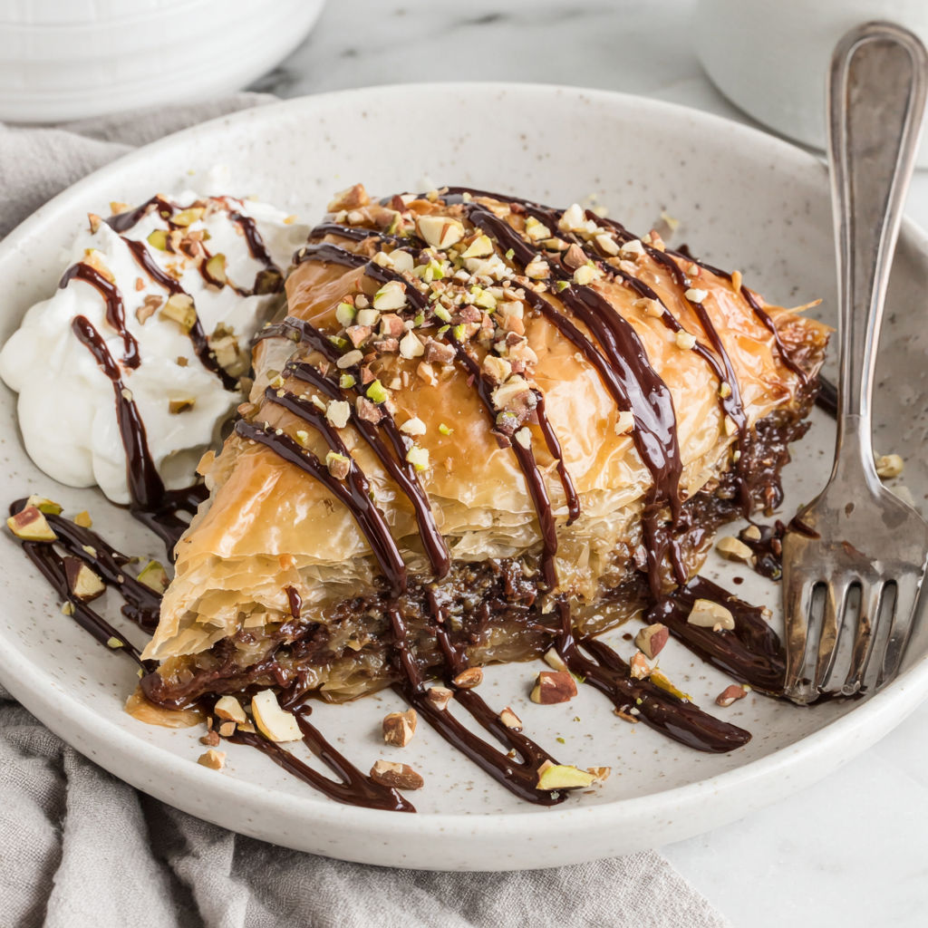 A plate of food with chocolate drizzled on top.