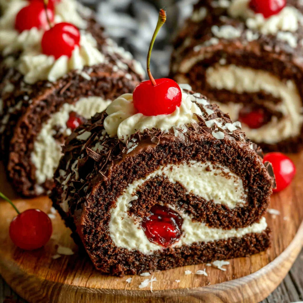 A chocolate cake with white frosting and cherries.