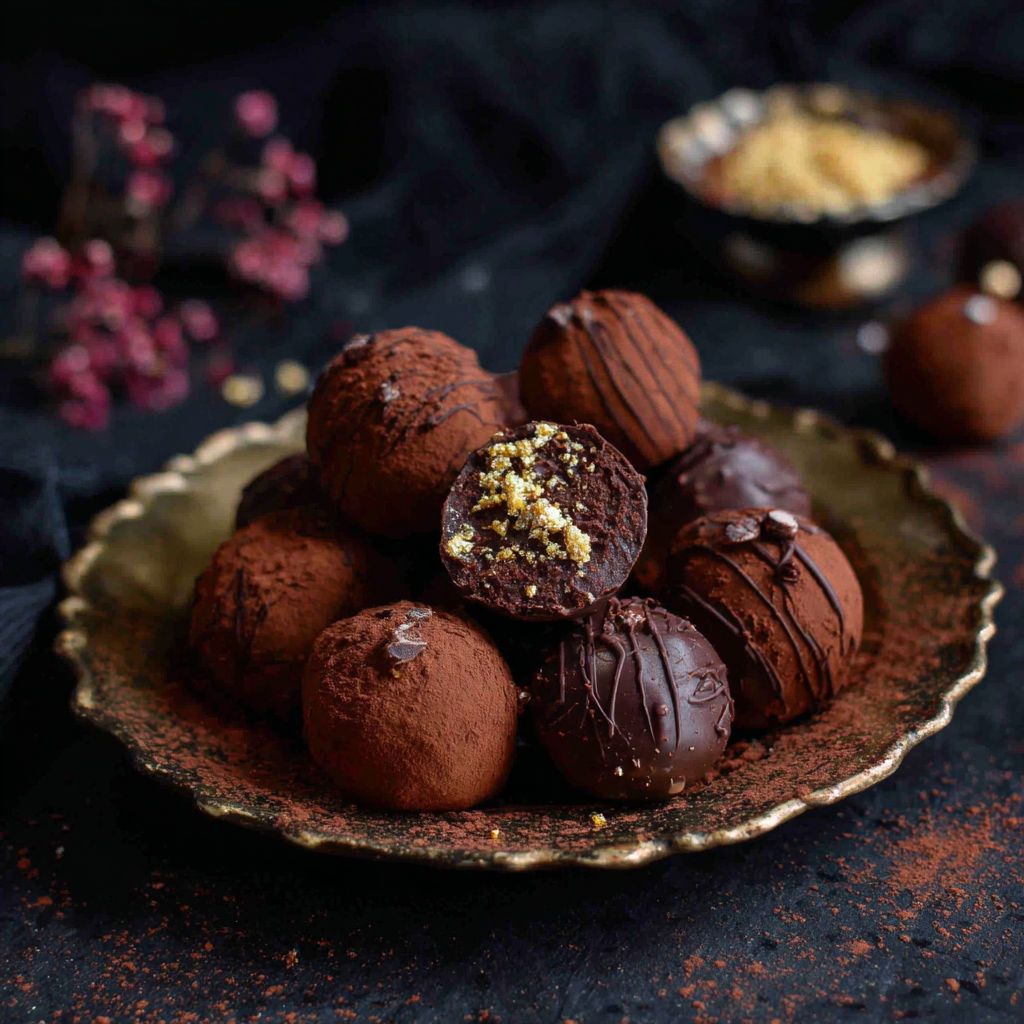 A plate of chocolate covered balls with nuts on top.