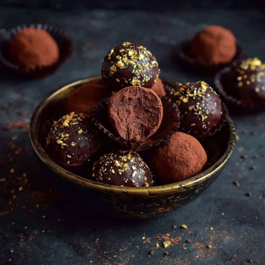 A bowl of chocolate balls with gold sprinkles.