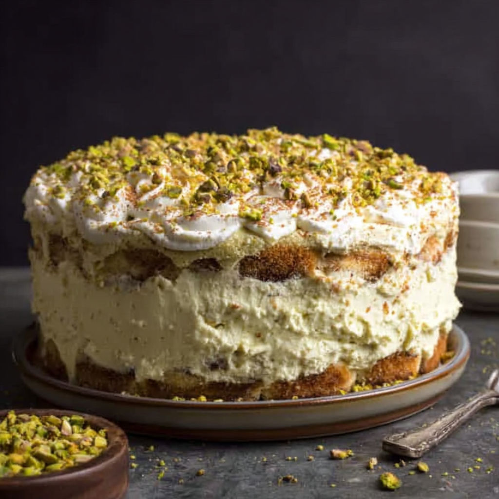 A cake with white frosting and nuts on top.