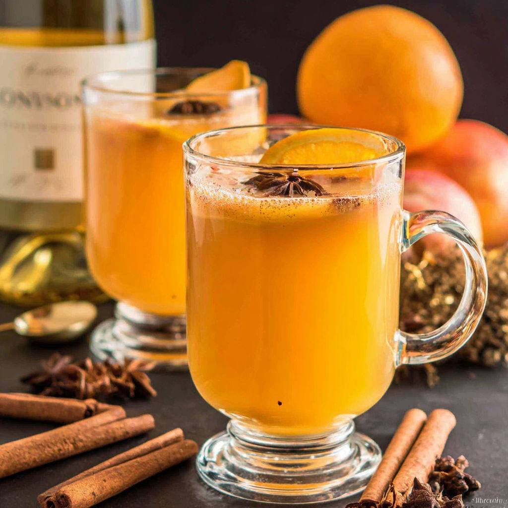 Two glasses of orange juice with cinnamon sticks in them.