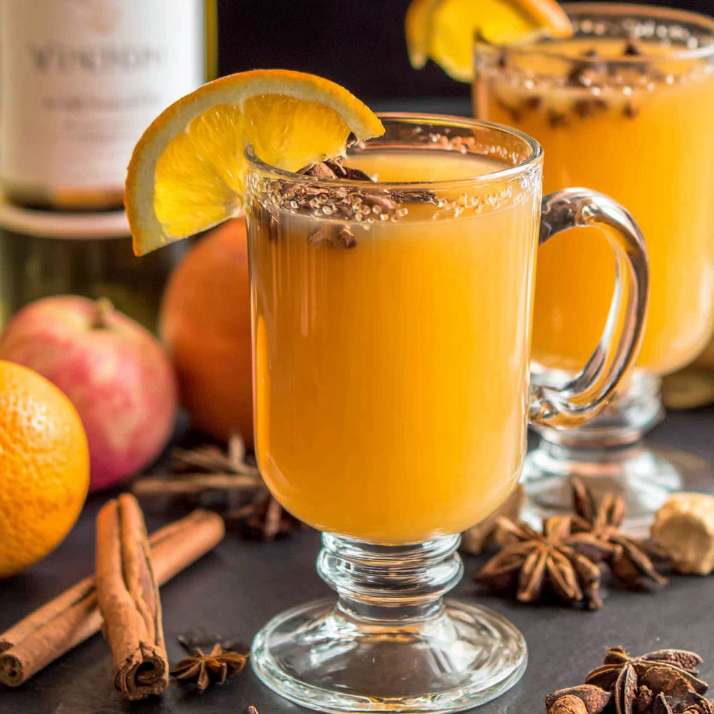 A glass of orange juice with a lemon wedge in it.