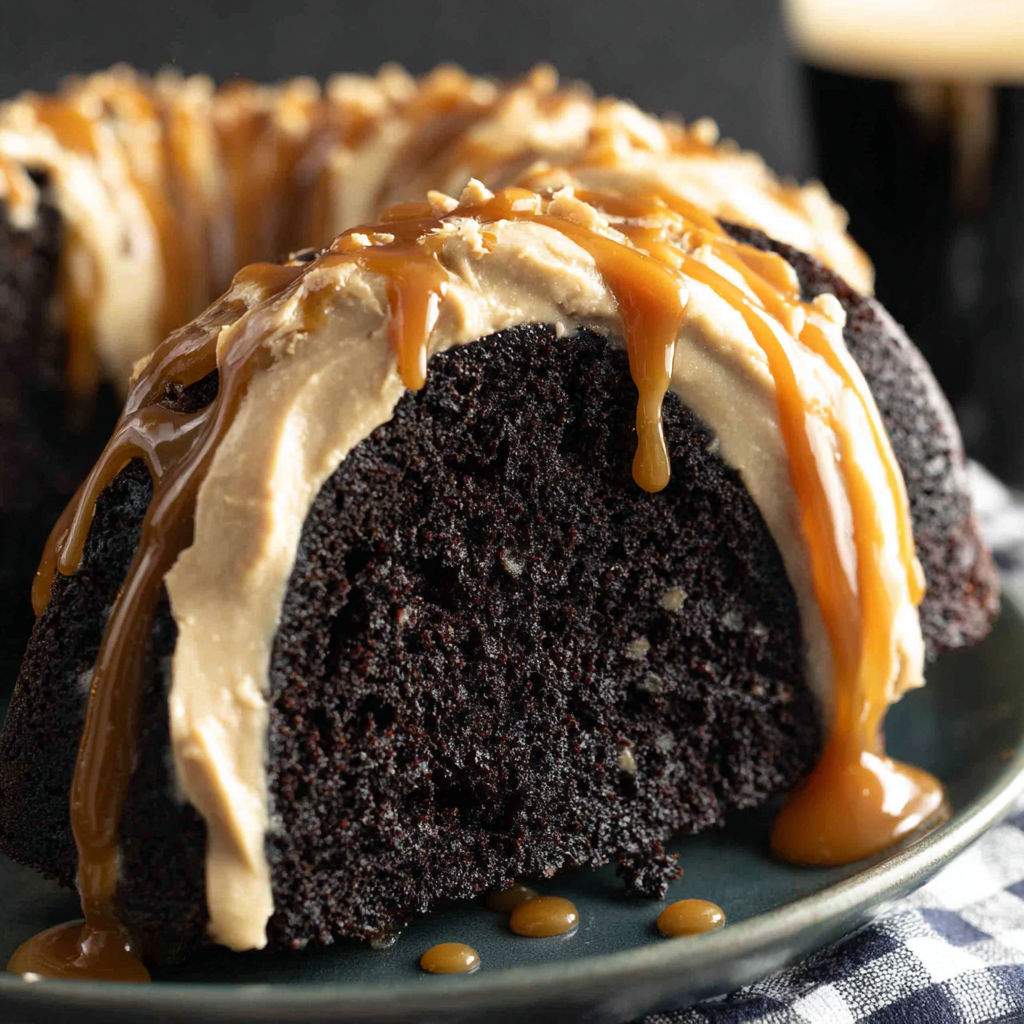 A cake with caramel drizzle on top.