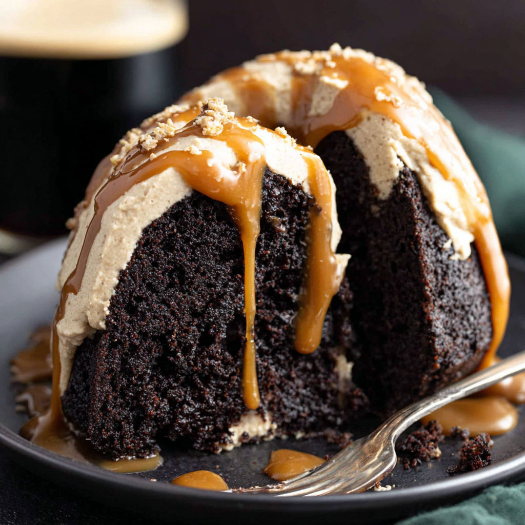 A slice of cake with caramel drizzled on top.