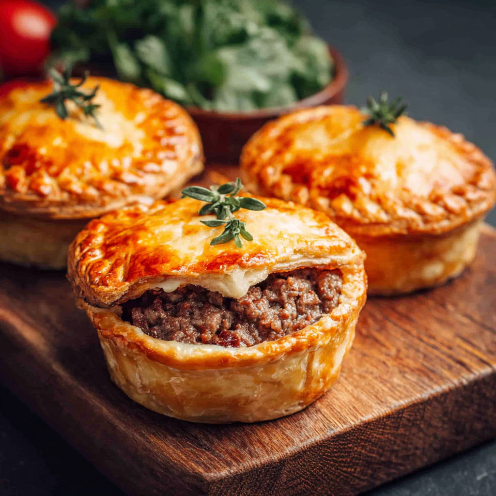 Two meat pies with herbs on top.