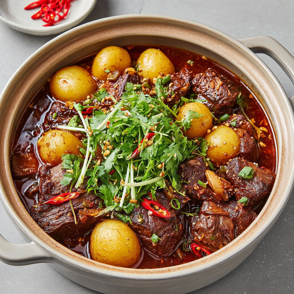 A bowl of food with a green vegetable on top.