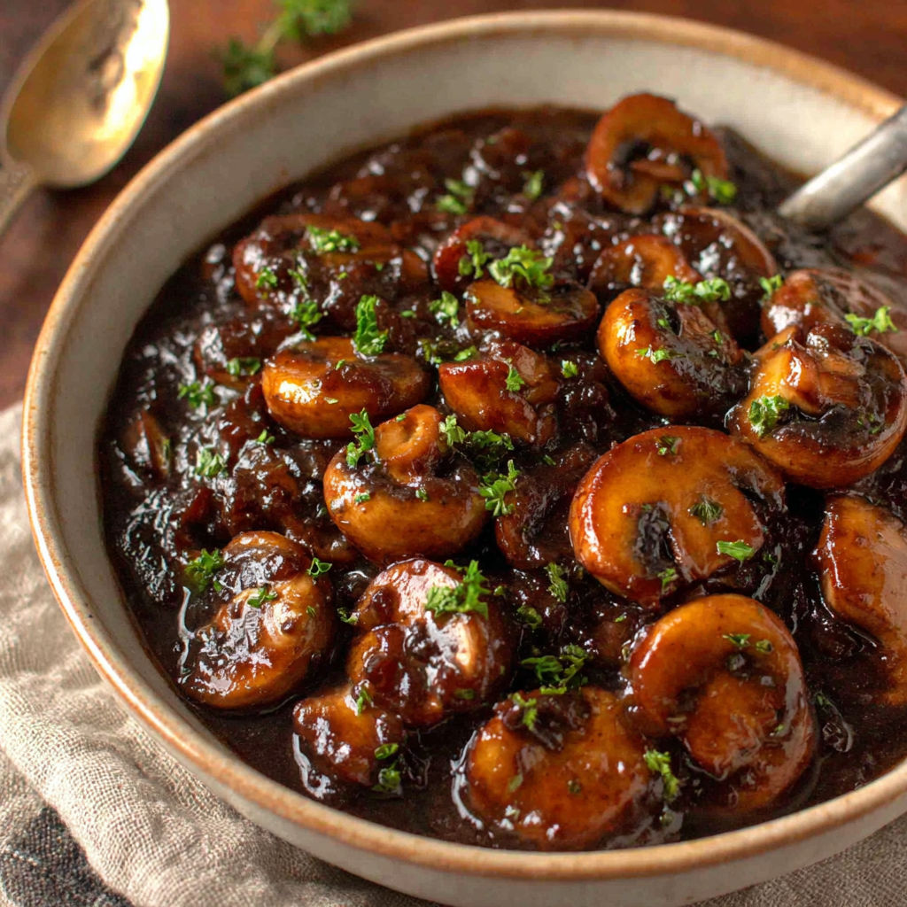 A bowl of mushrooms with green toppings.