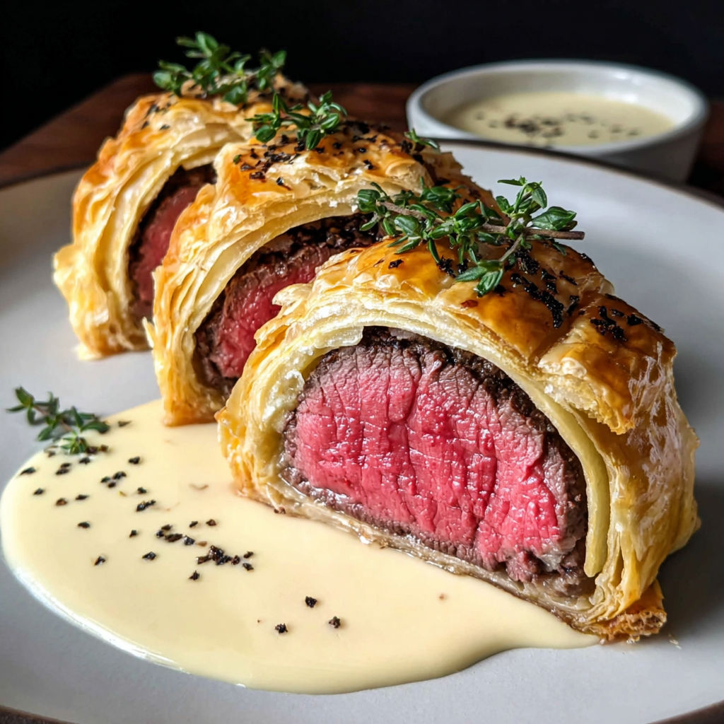 A pastry with meat inside and a bowl of sauce.