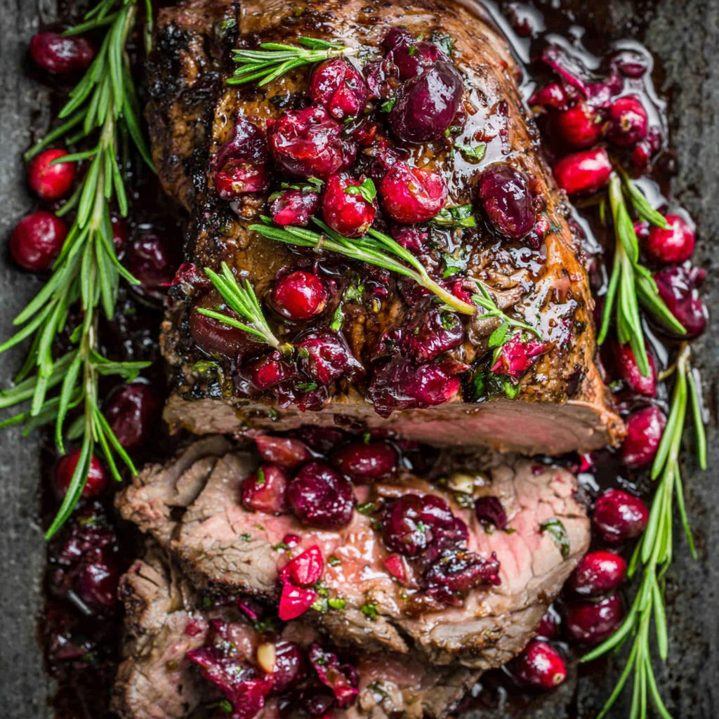 A close up of a piece of meat with a sprig of rosemary on top.