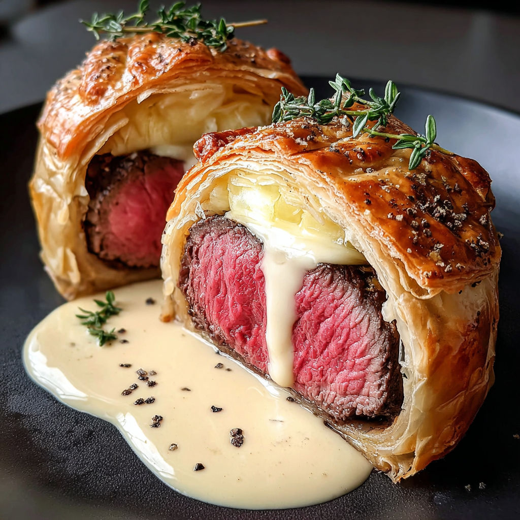 A pastry with meat and cheese inside.