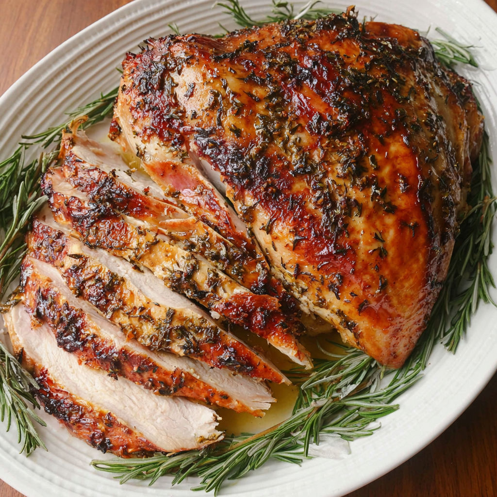 A plate of roasted chicken with herbs on it.