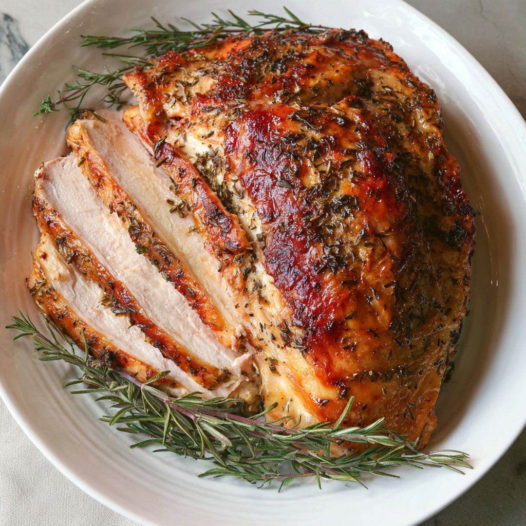 A plate of meat with herbs on top.