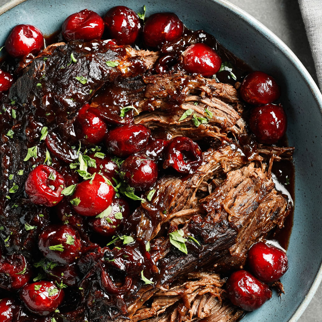 A bowl of beef stew with cherries and green herbs.