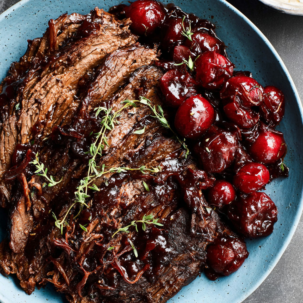 A plate of food with meat, cherries, and other vegetables.