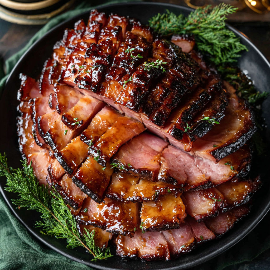 A large piece of meat with a green garnish on top.