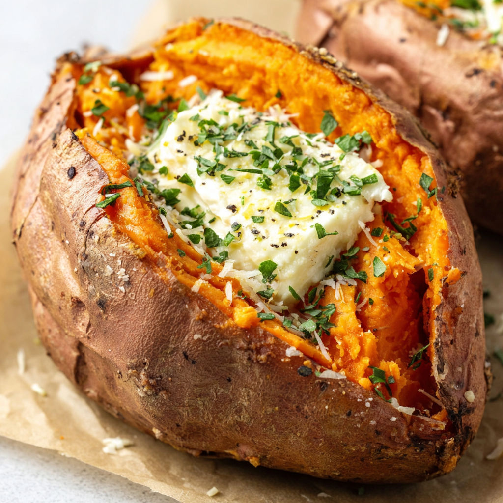 A close up of a baked potato with cheese and herbs.