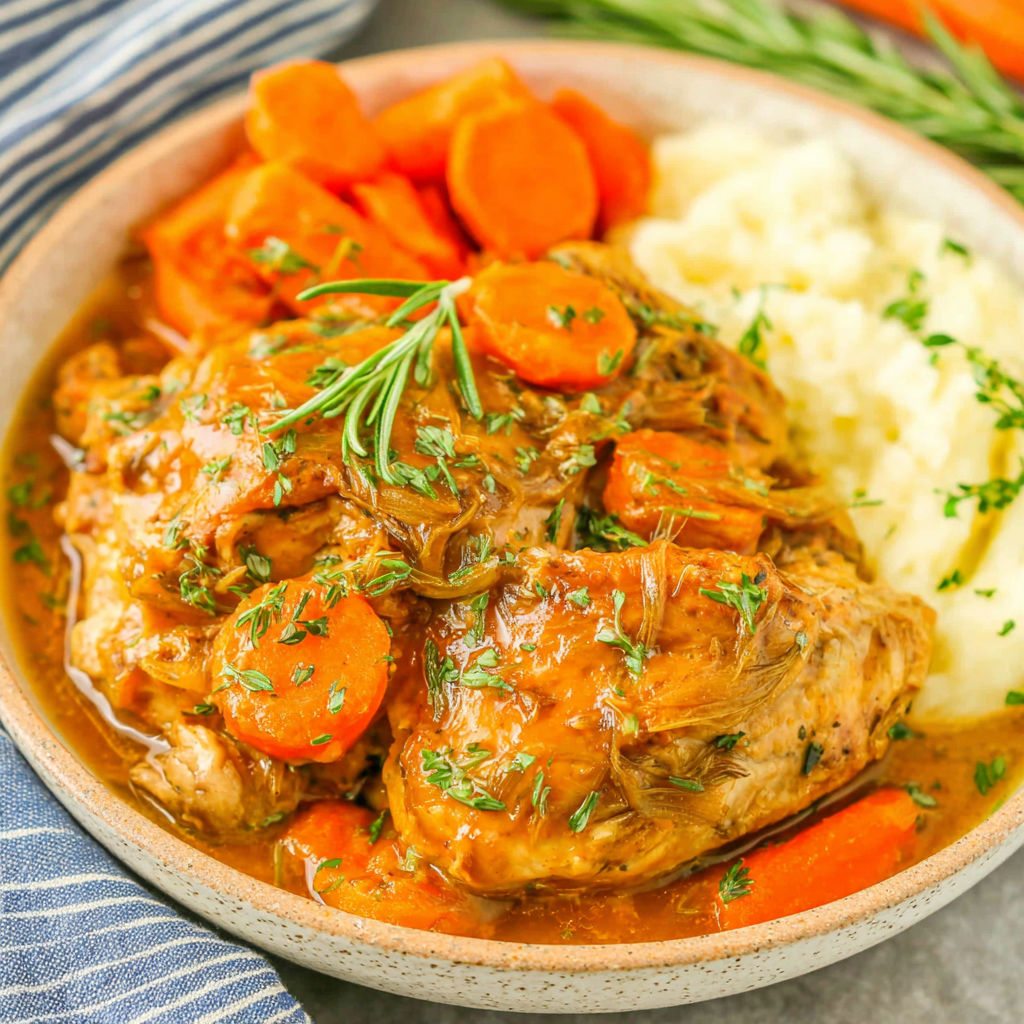 A bowl of food with carrots and potatoes.