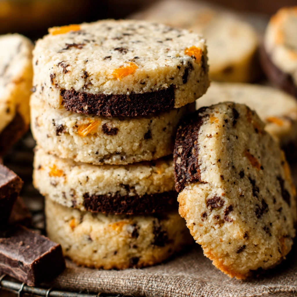 A stack of cookies with orange slices on top.