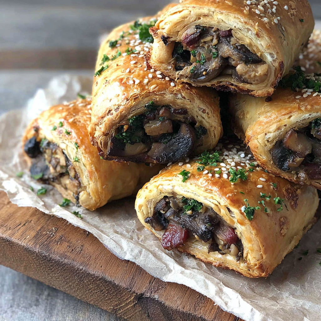 A stack of pastry rolls with mushrooms and cheese.